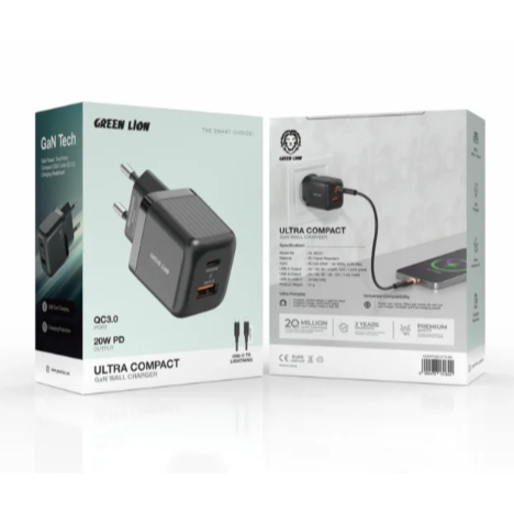 Green Lion Ultra Compact GaN Wall Charger EU Pin C to L PD20W + QC3.0